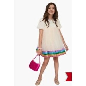 Lola + The Boys Girls Rainbow Sequin Tulle Party Dress Cream Puff Sleeve Size 8
